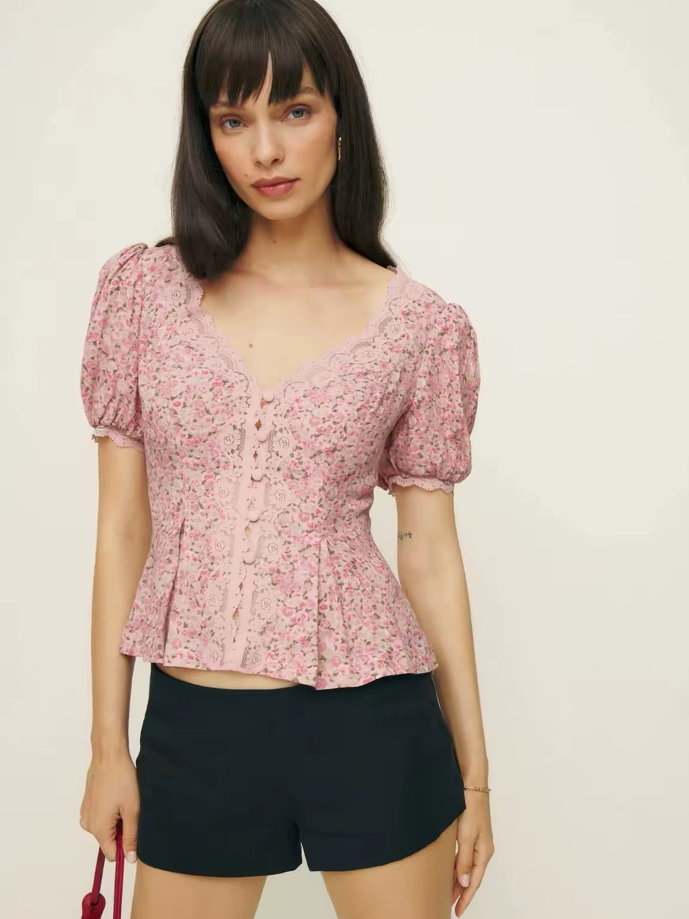 Reformation Minette Pink Floral Puff-Sleeve Lace Trim Top, 2 4